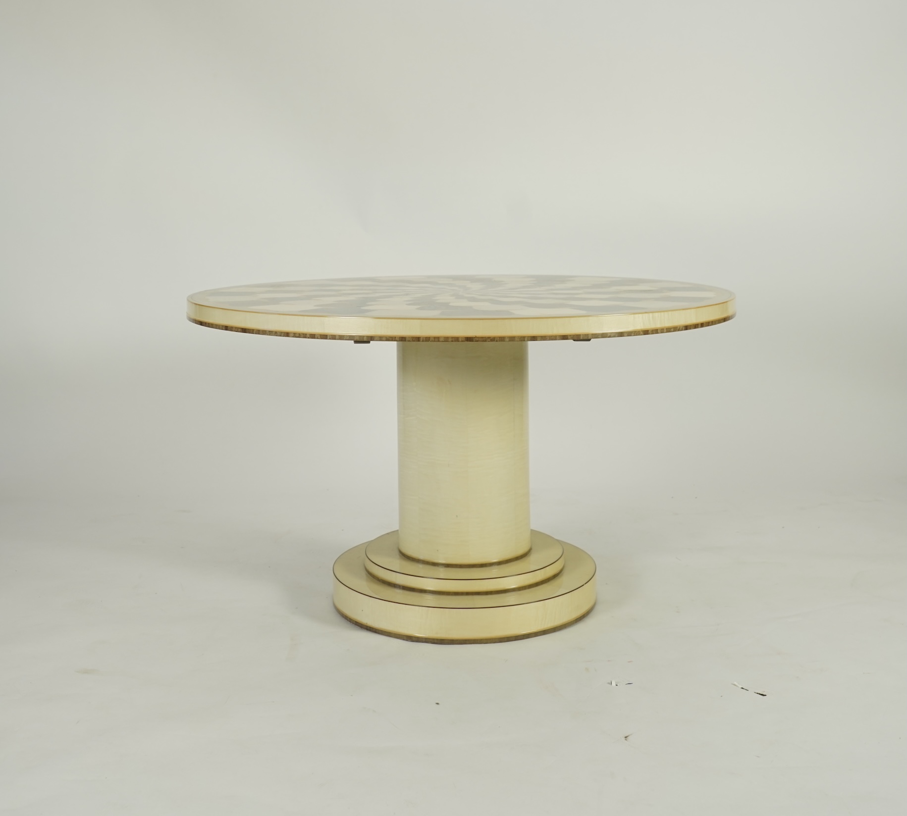 Lignae: A contemporary chrysanthemum and specimen wood inlaid circular tilt top centre table